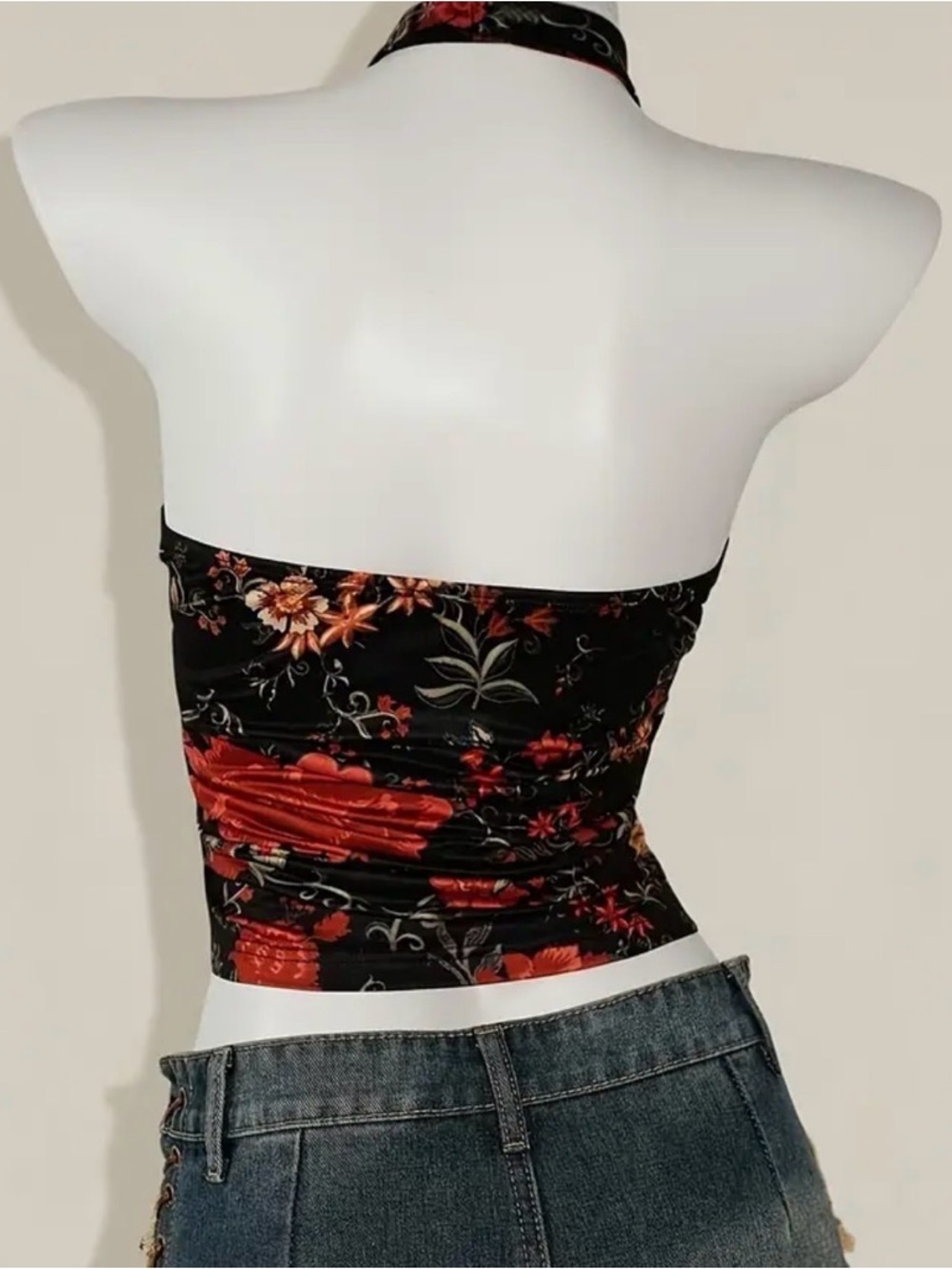 Women's Black Halter Tank Top with Red Floral Print - Picture 5 of 6
